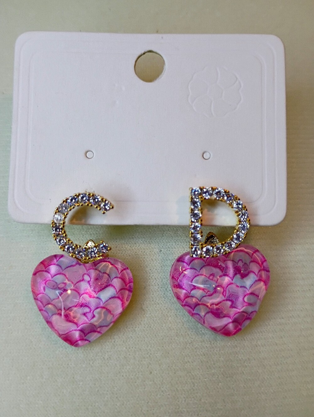 New Crystal Initial CD Earrings with Pink Heart Dangles Fashion Jewelry